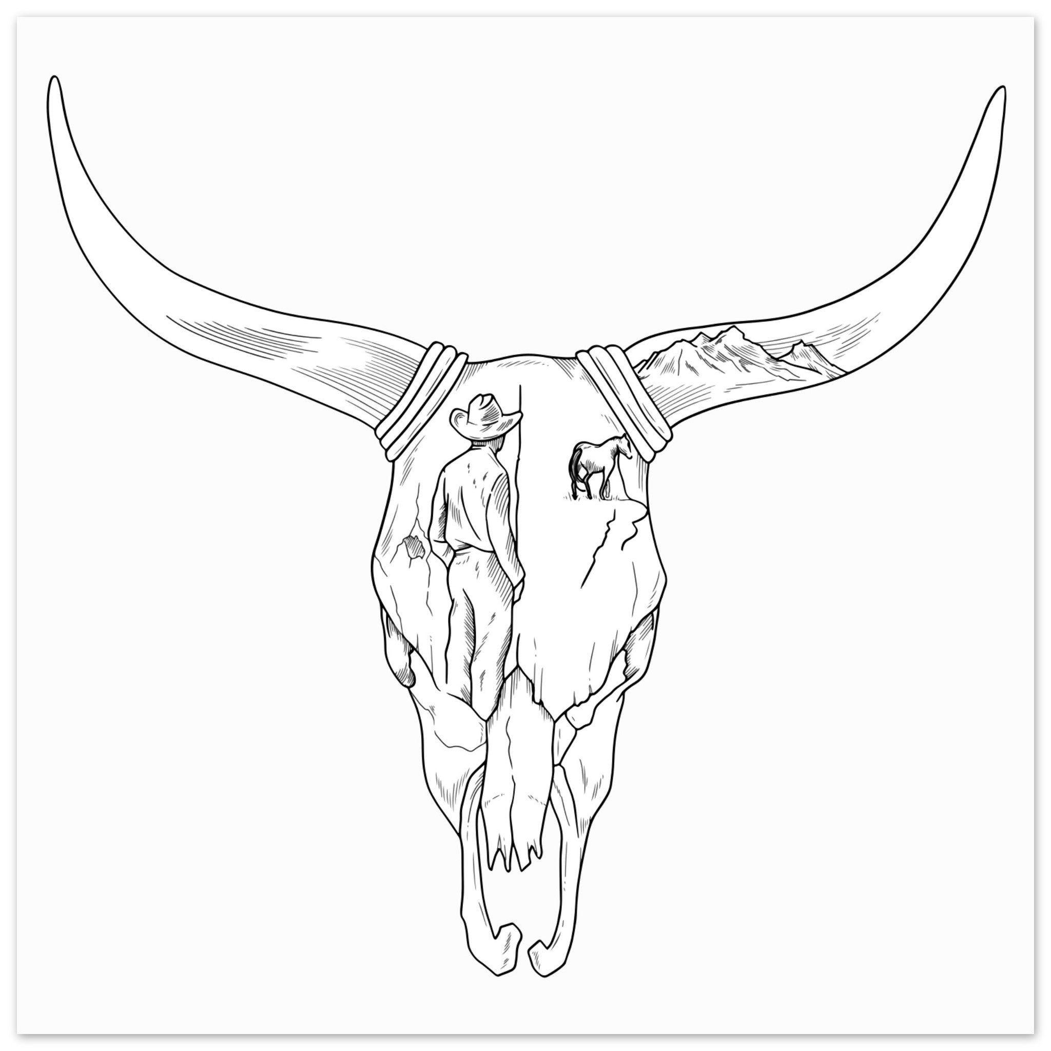 Zach Bryan Inspired Long Horn Skull Wooden Framed Graphic Print