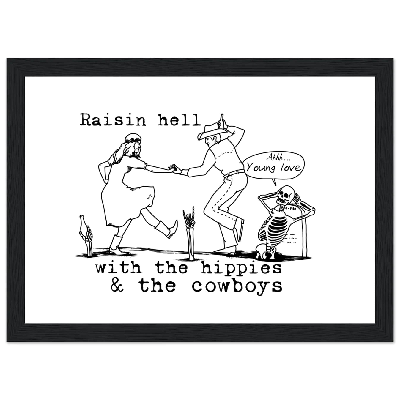 Hippies and Cowboy's Wooden Framed Graphic Print