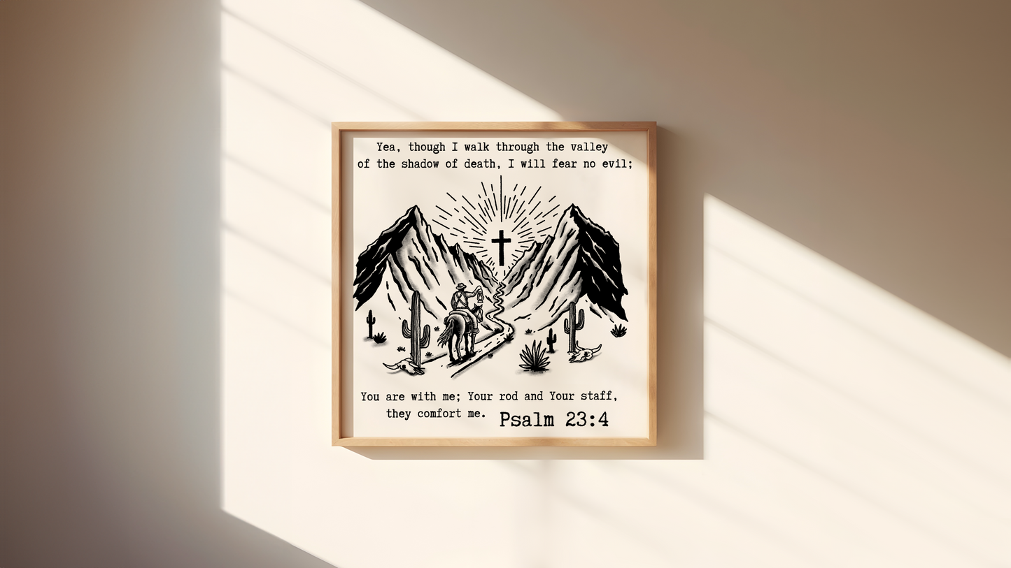 Valley of Death Cowboy, Psalm 23:4 Inspired Wooden Framed Print