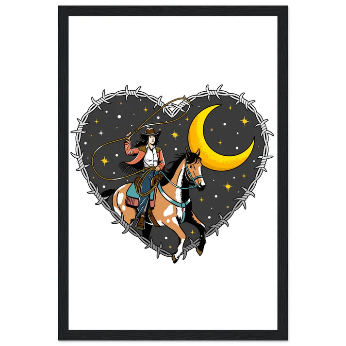 Cowgirl Roping Moon, Barbed Wire Heart Print