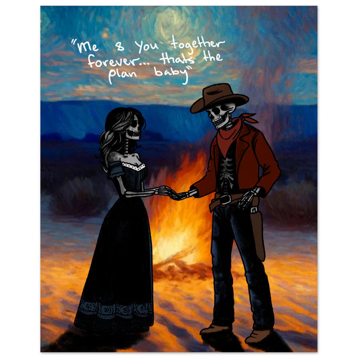 Cowboy and Cowgirl Lovers by the Fire Print