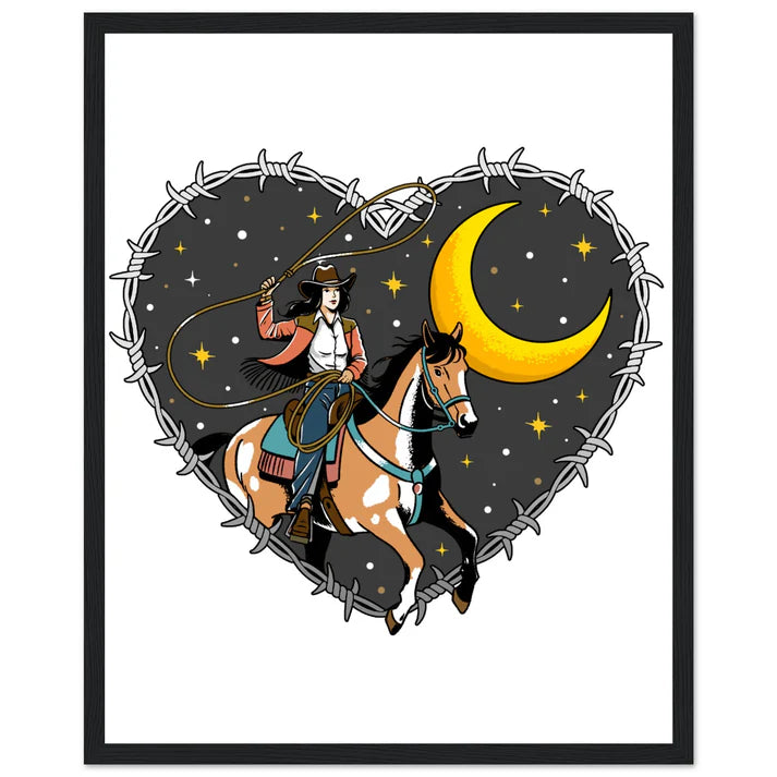 Cowgirl Roping Moon, Barbed Wire Heart Print