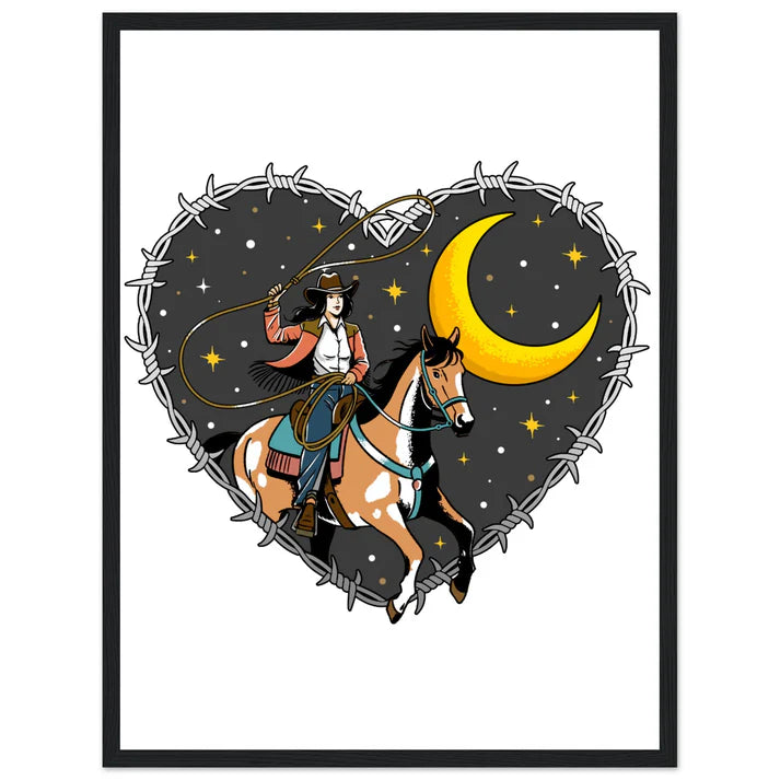 Cowgirl Roping Moon, Barbed Wire Heart Print