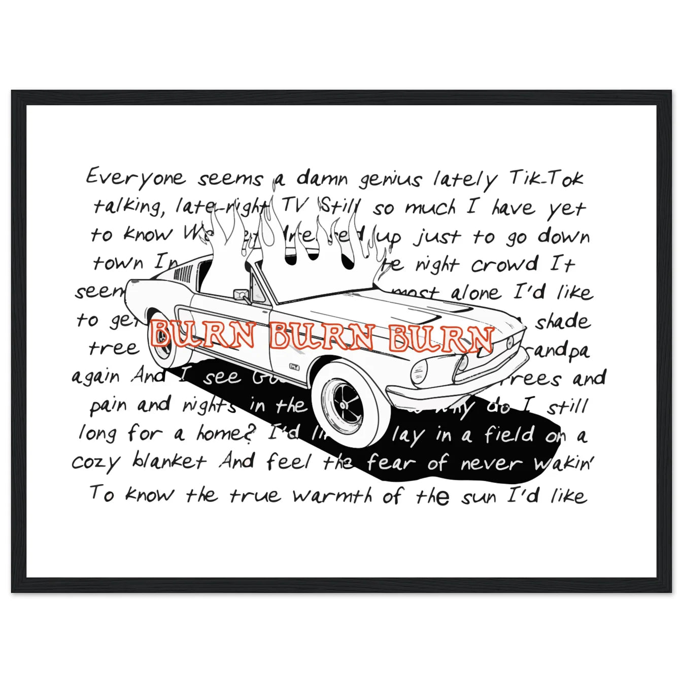 Zach Bryan Inspired 68 Fastback Burn Wooden Framed Graphic Print