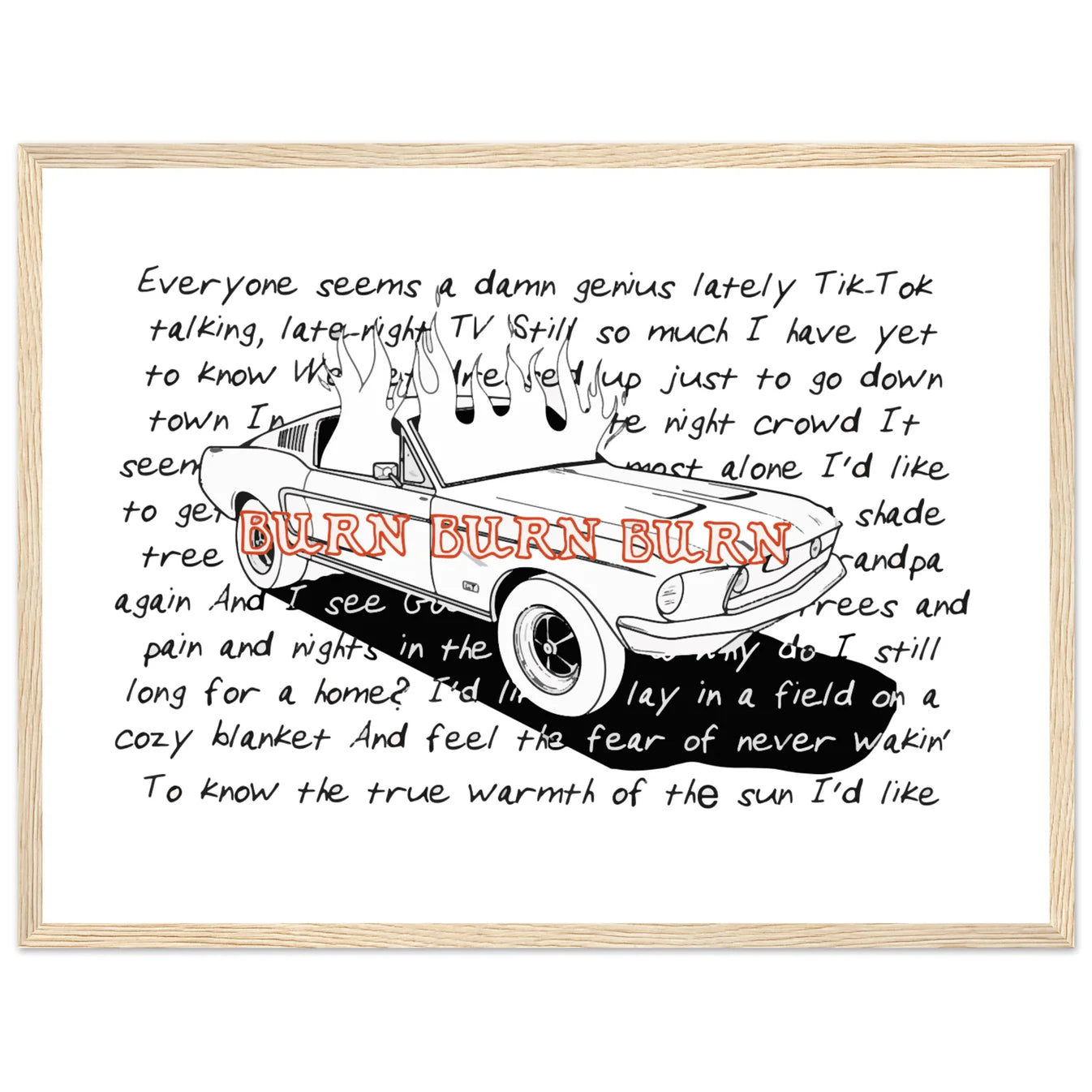 Zach Bryan Inspired 68 Fastback Burn Wooden Framed Graphic Print