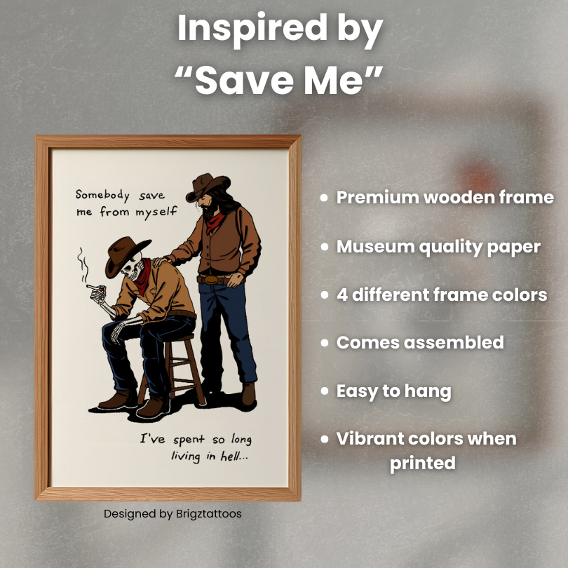 Save Me, Jelly Roll and Inspired Wooden Framed Print, Jesus and Skeleton Cowboy