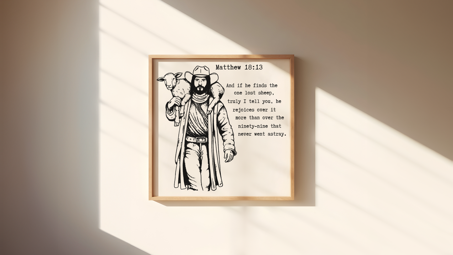 Matthew 18:13 Jesus Bringing Home the Lost Sheep Print and Wall Art