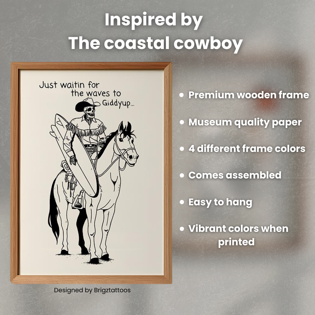 Coastal Cowboy Surfin' Skeleton Wooden Framed Print