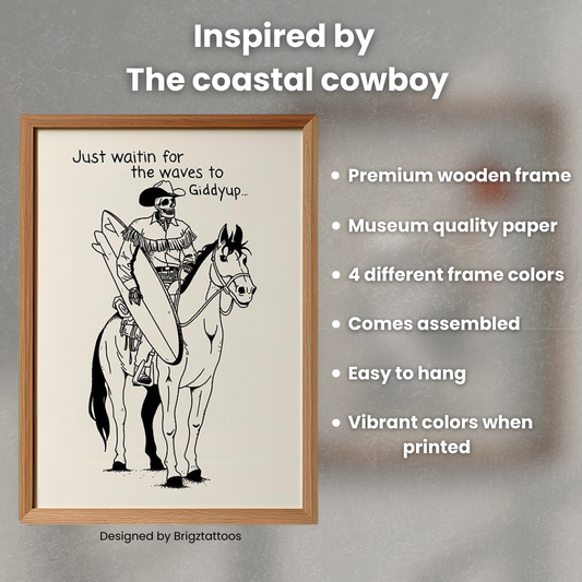 Coastal Cowboy Surfin' Skeleton Wooden Framed Print