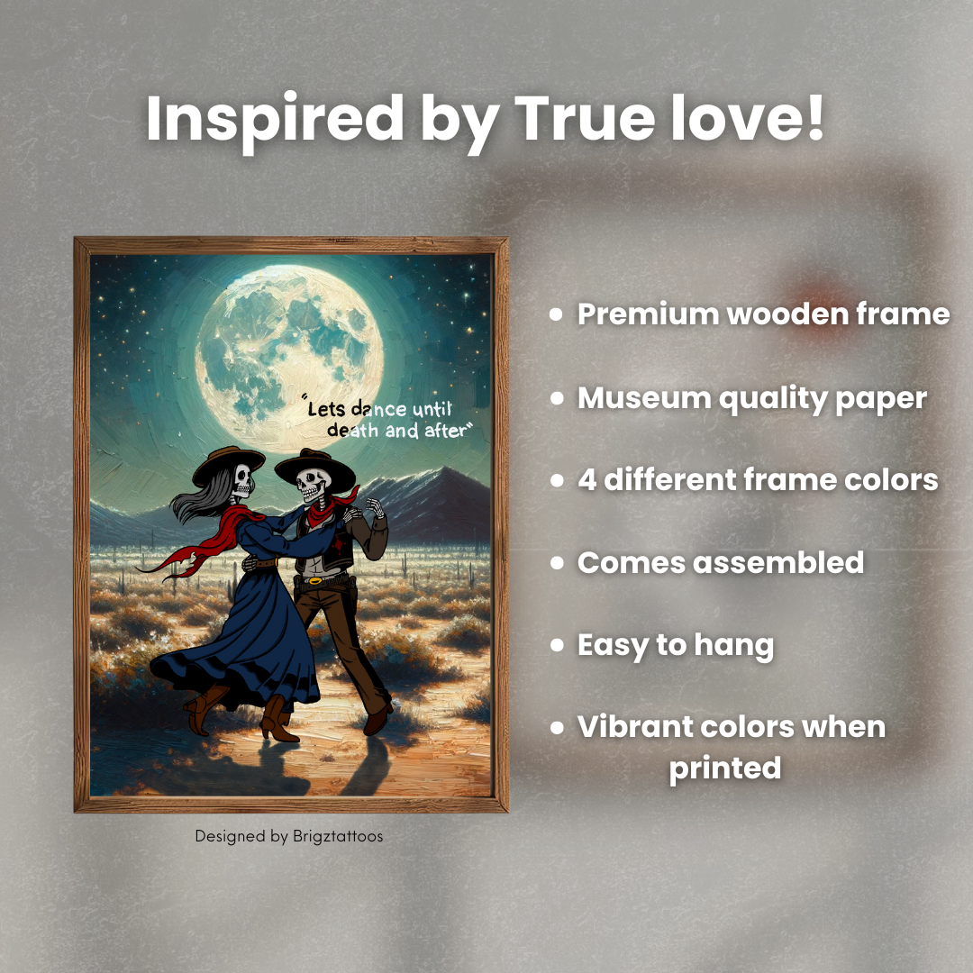 "Dancing Under the Moon" Skeleton Lovers - Premium Wooden Framed Poster