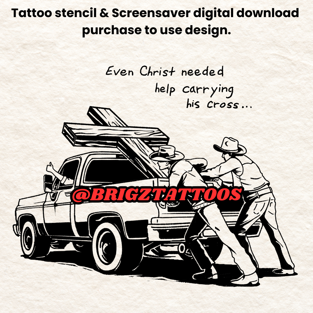 Help Carrying cross, broken down truck, Christian design, Tattoo Stencil and Screensaver