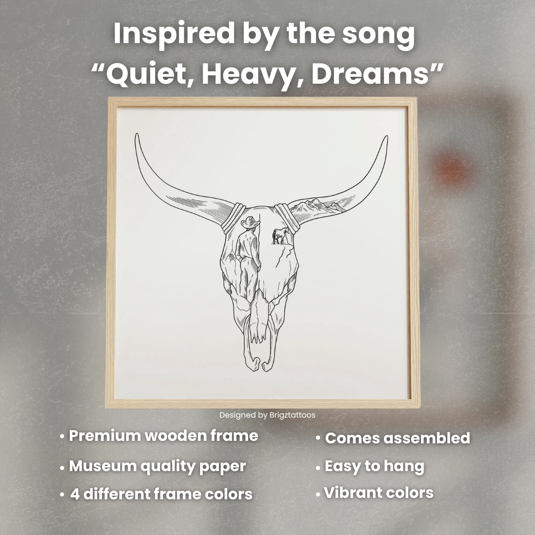 Quiet, Heavy Dreams, ZB Inspired Long Horn Skull Wooden Framed Graphic Print