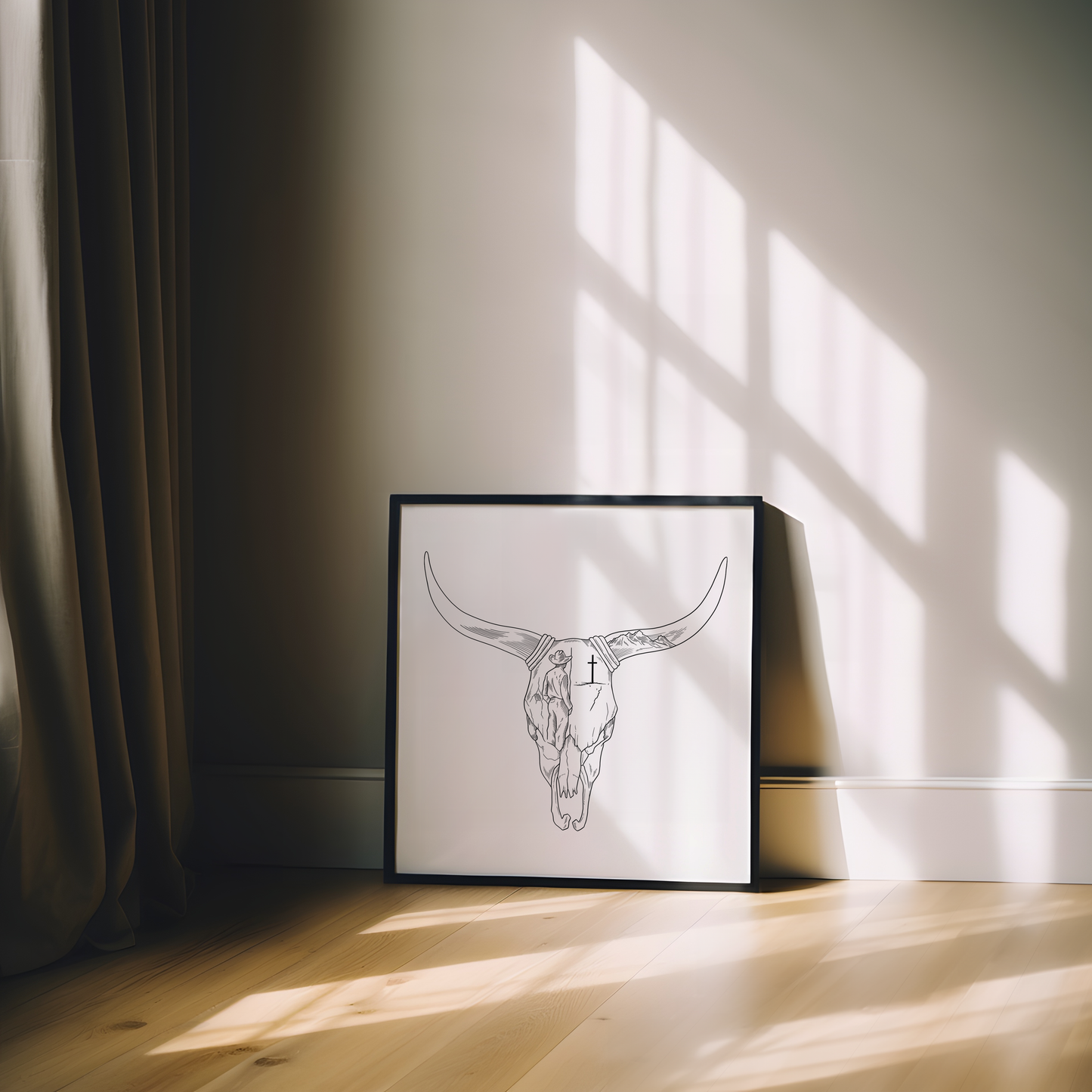 Long Horn Skull with Cross Wooden Framed Graphic Print