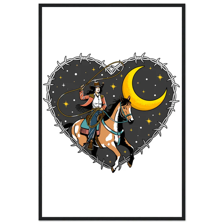 Cowgirl Roping Moon, Barbed Wire Heart Print