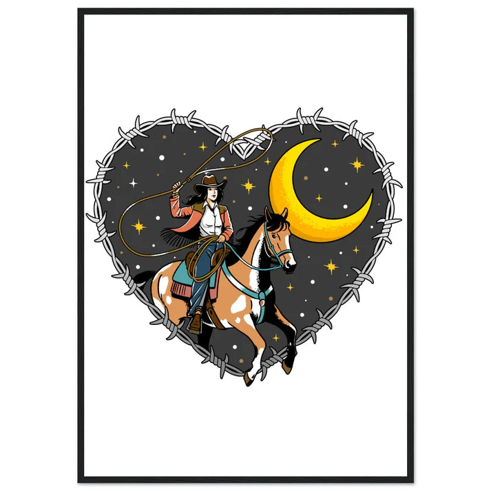 Cowgirl Roping Moon, Barbed Wire Heart Print