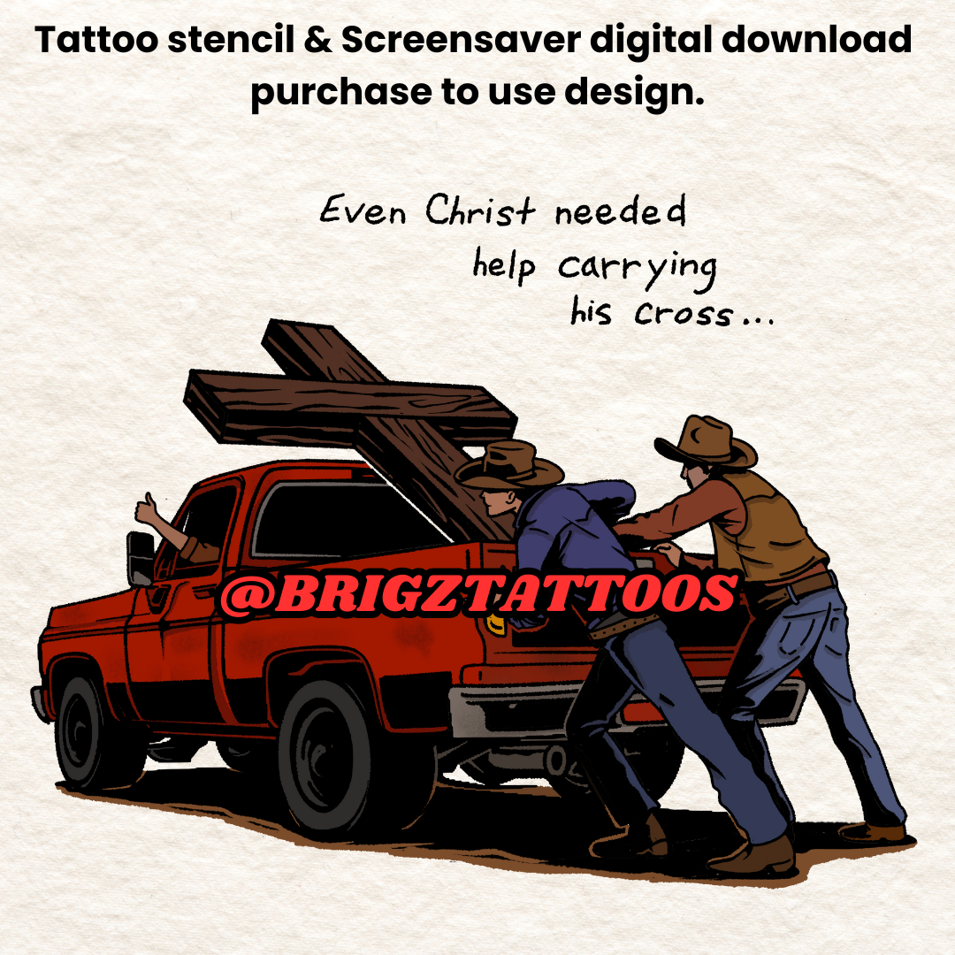 Help Carrying cross, broken down truck, Christian design, Tattoo Stencil and Screensaver