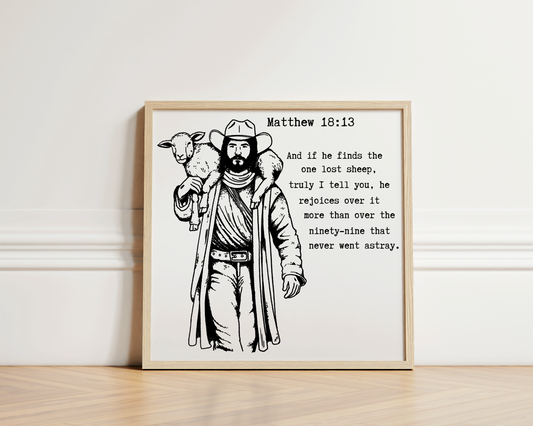 Matthew 18:13 Jesus Bringing Home the Lost Sheep Print and Wall Art