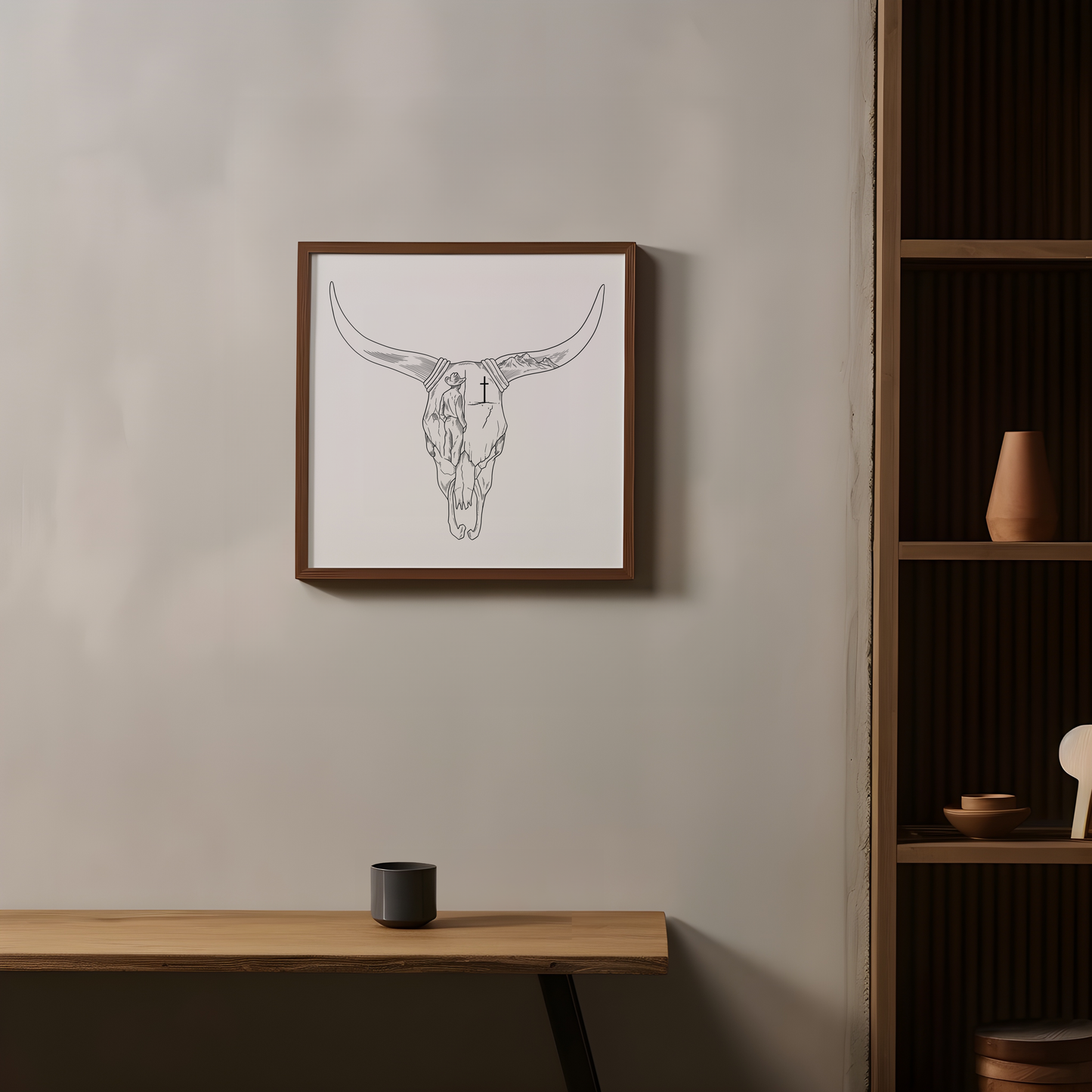 Long Horn Skull with Cross Wooden Framed Graphic Print