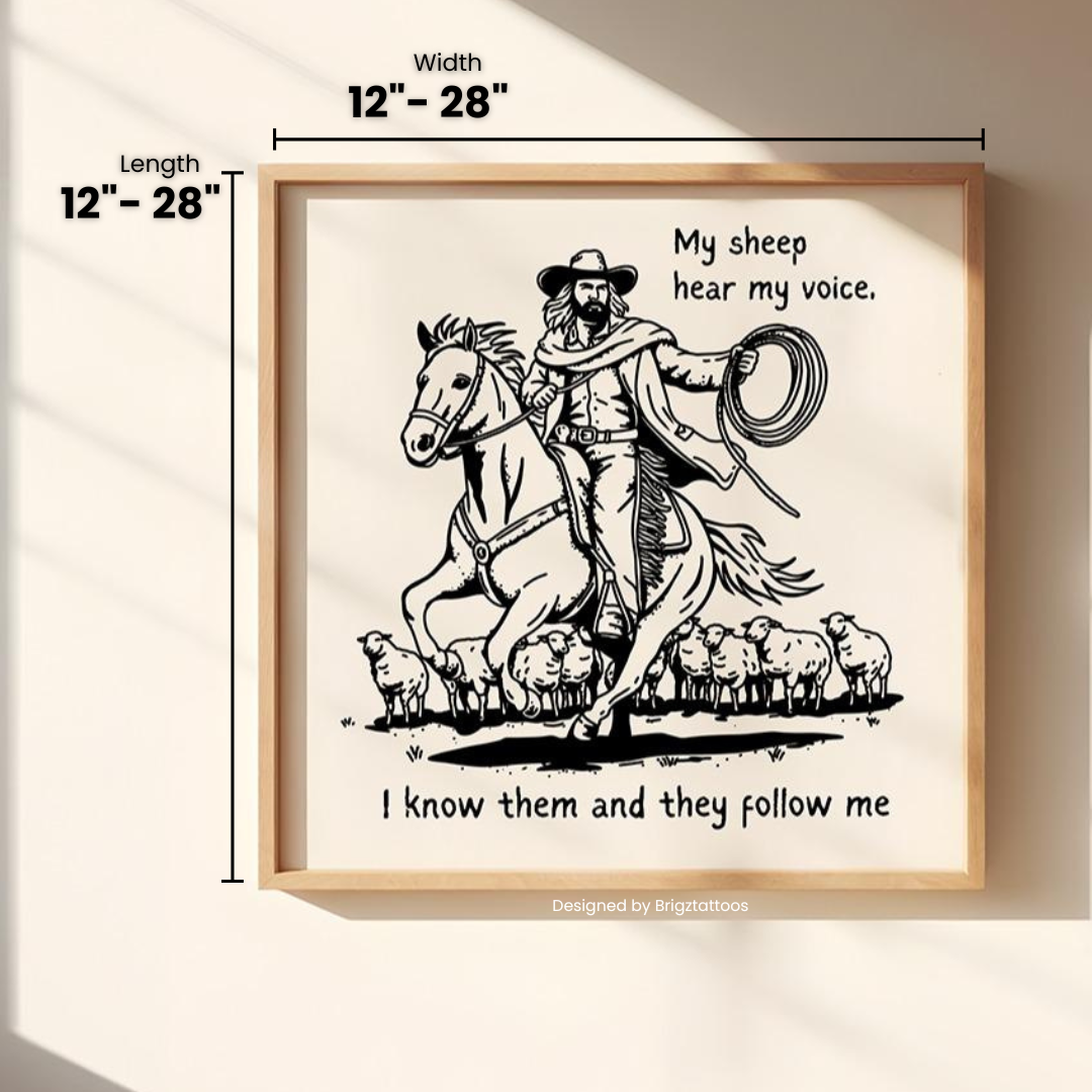 Cowboy Jesus & His Sheep John 10:27 Inspired Wooden Framed Print