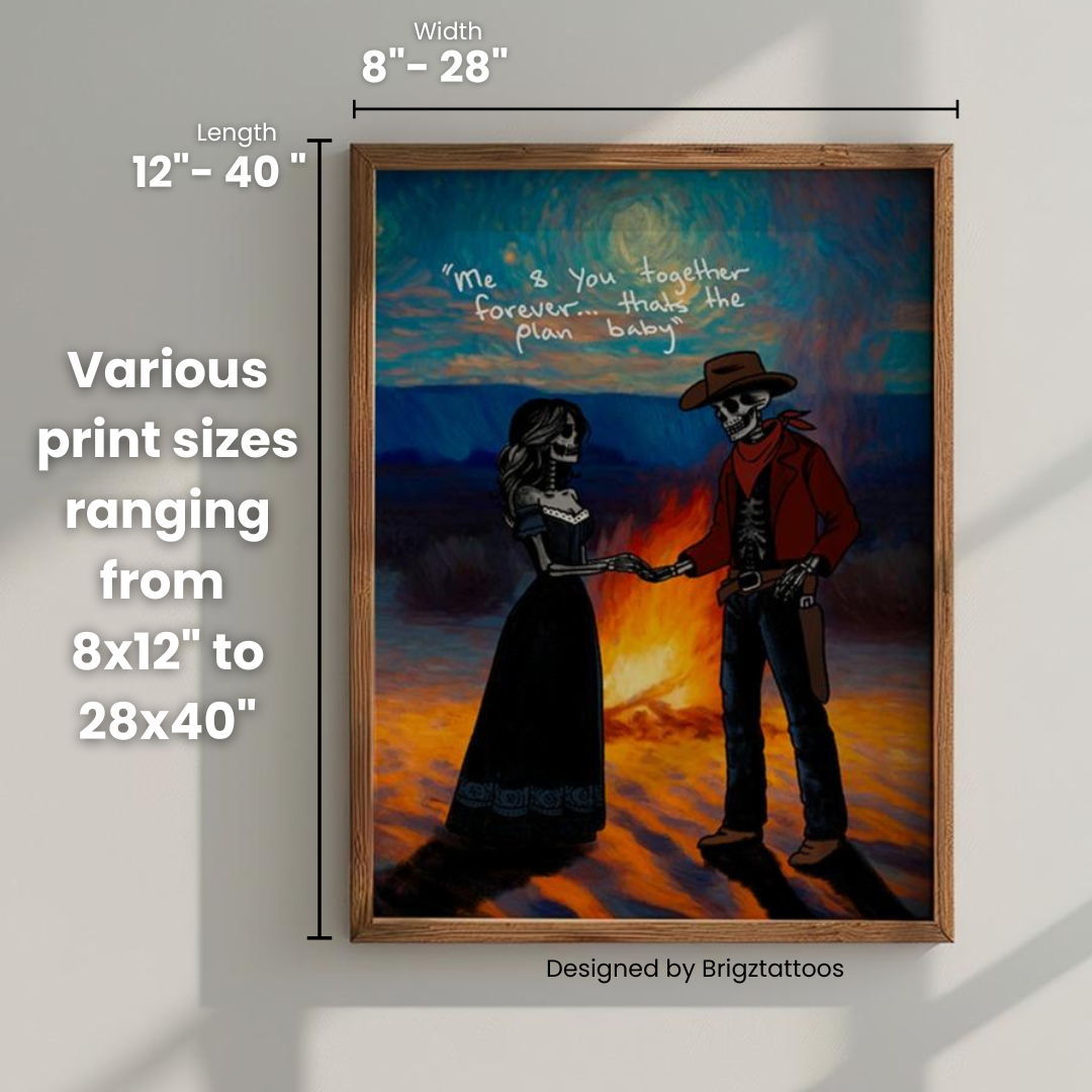 True Love Forever Skeleton Cowboy & Cowgirl Wooden Framed Print