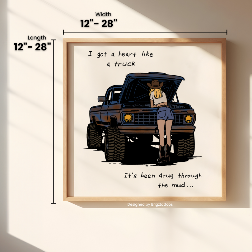 Heart Like A Truck, Lainey Wilson Inspired design Cowgirl working on truck Wooden Framed Print