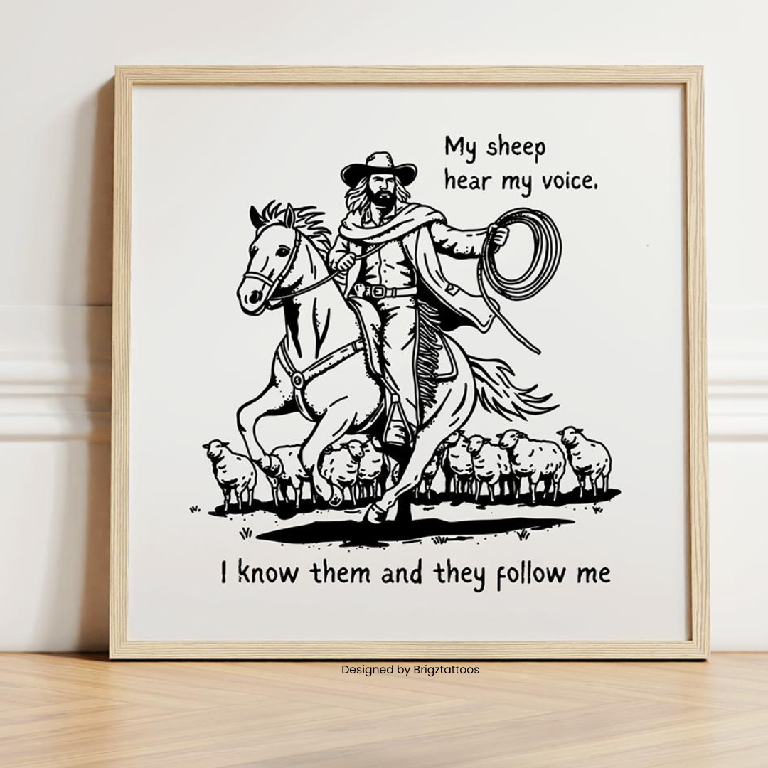 Cowboy Jesus & His Sheep John 10:27 Inspired Wooden Framed Print