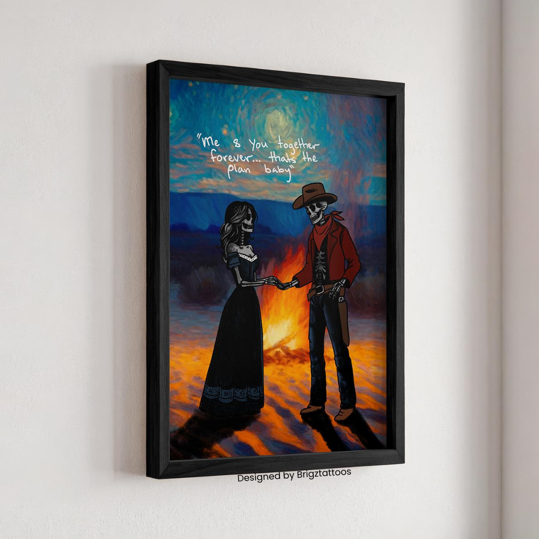 True Love Forever Skeleton Cowboy & Cowgirl Wooden Framed Print