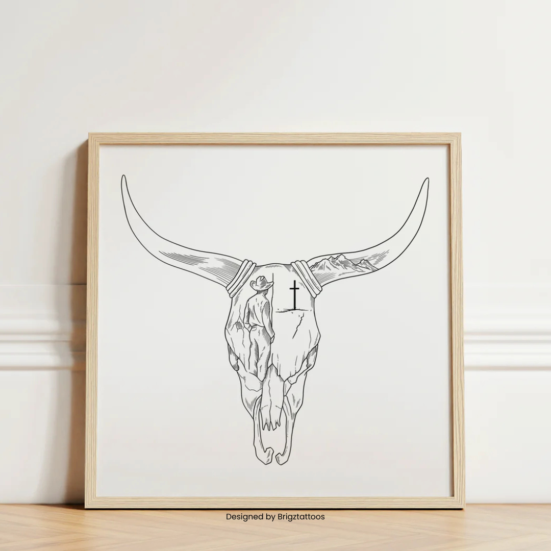 Long Horn Skull with Cross Wooden Framed Graphic Print