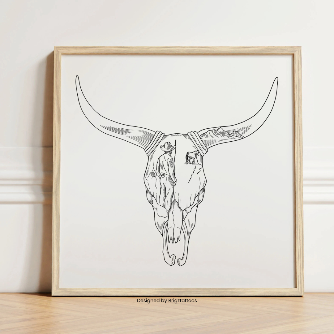 Quiet, Heavy Dreams, ZB Inspired Long Horn Skull Wooden Framed Graphic Print