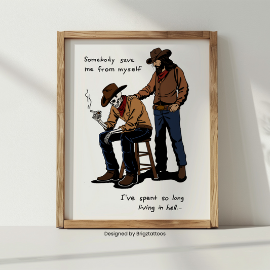 Save Me, Jelly Roll and Inspired Wooden Framed Print, Jesus and Skeleton Cowboy