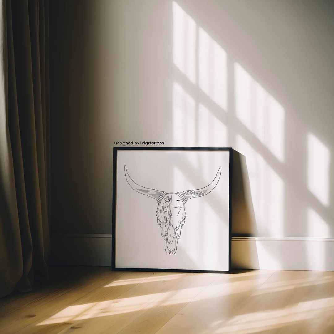 Long Horn Skull with Cross Wooden Framed Graphic Print