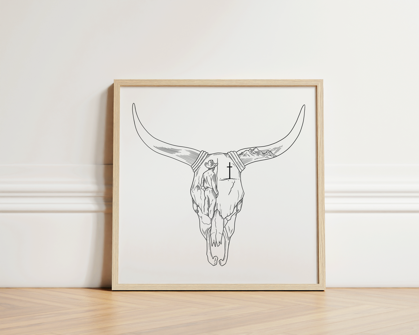 Long Horn Skull with Cross Wooden Framed Graphic Print