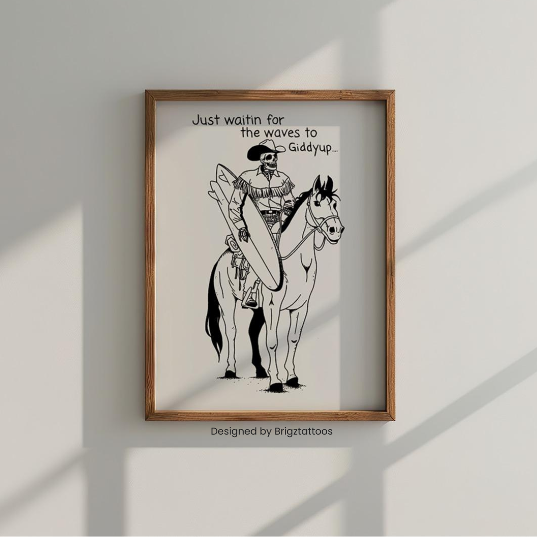 Coastal Cowboy Surfin' Skeleton Wooden Framed Print