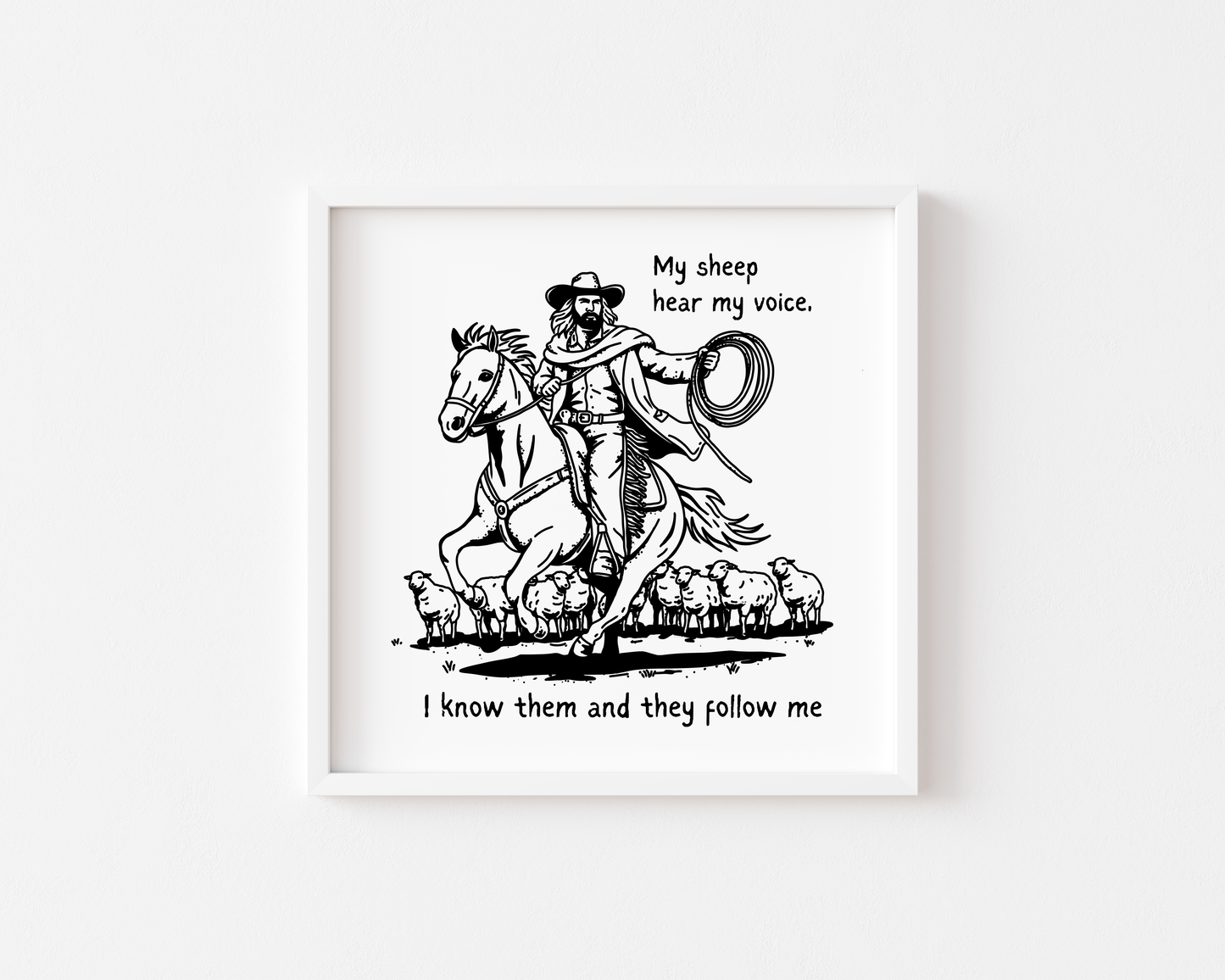 Cowboy Jesus & His Sheep John 10:27 Inspired Wooden Framed Print