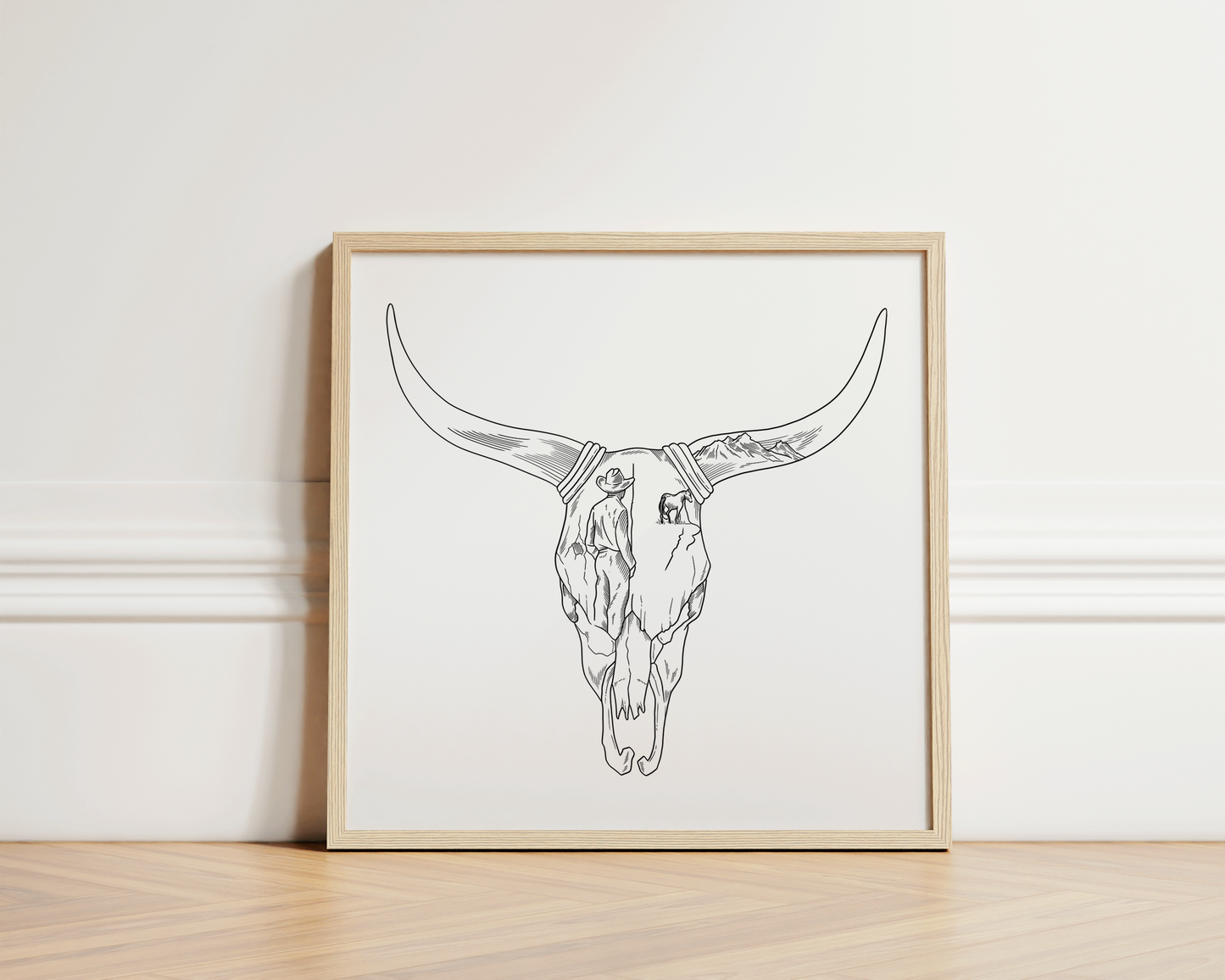 Quiet, Heavy Dreams, Zach Bryan Inspired Long Horn Skull Wooden Framed Graphic Print