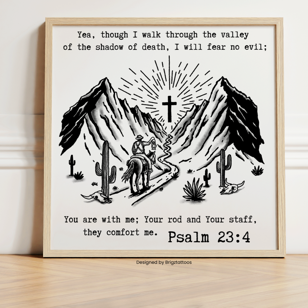 Valley of Death Cowboy, Psalm 23:4 Inspired Wooden Framed Print