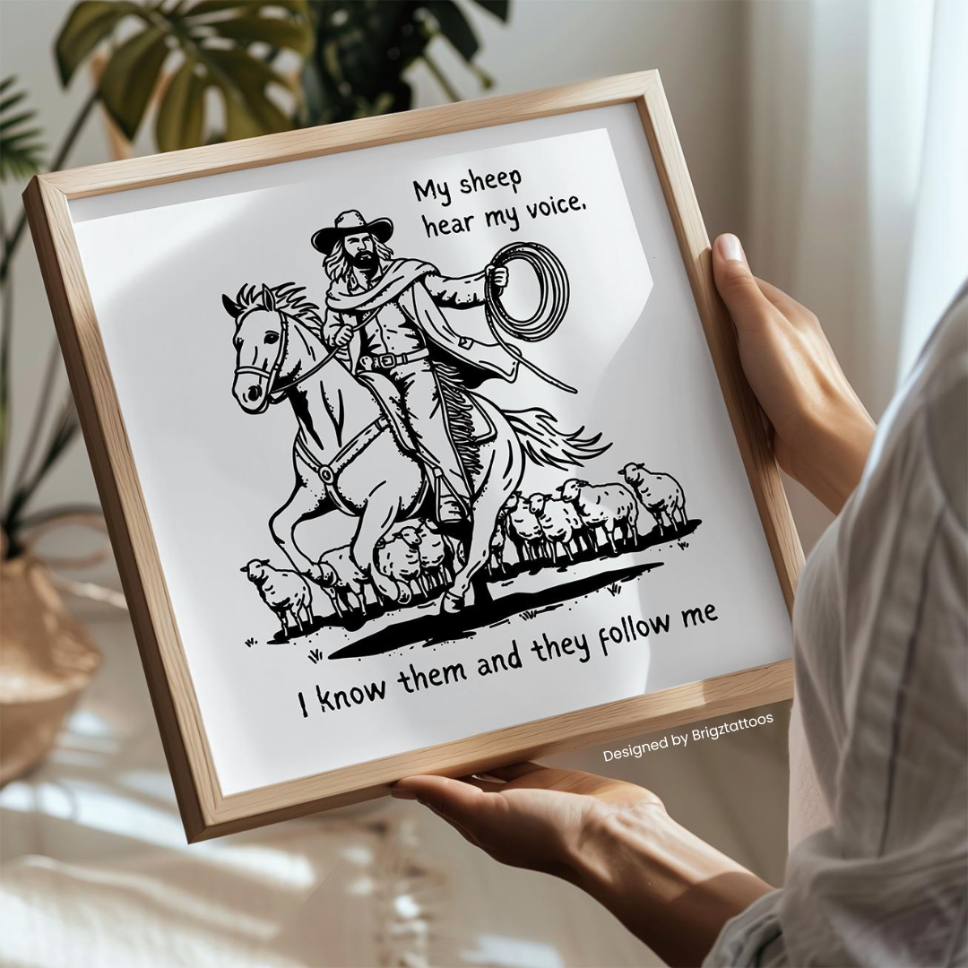 Cowboy Jesus & His Sheep John 10:27 Inspired Wooden Framed Print