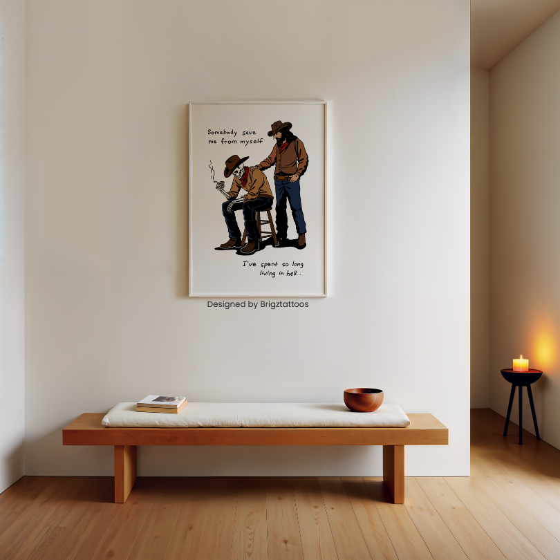 Save Me, Jelly Roll and Inspired Wooden Framed Print, Jesus and Skeleton Cowboy