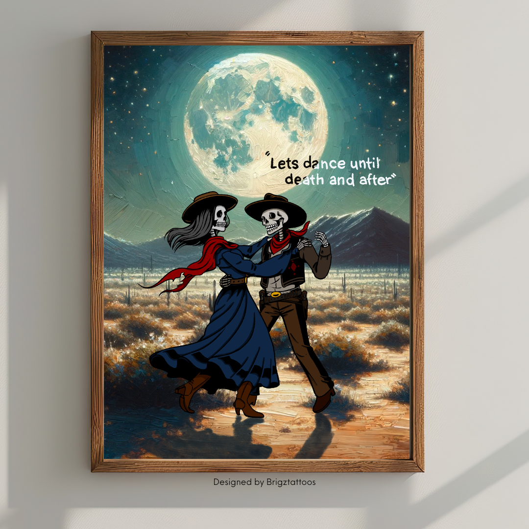 "Dancing Under the Moon" Skeleton Lovers - Premium Wooden Framed Poster