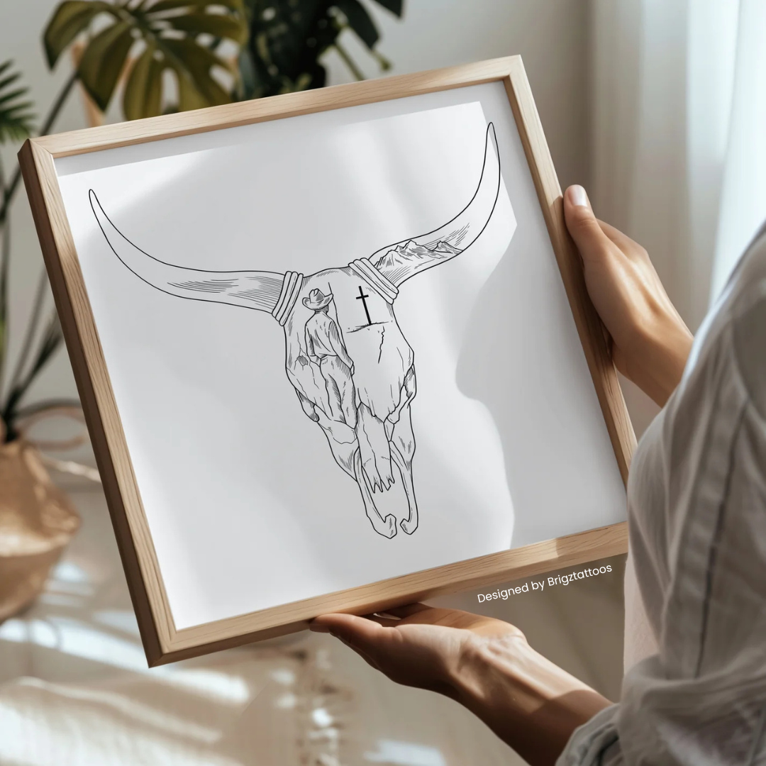 Long Horn Skull with Cross Wooden Framed Graphic Print