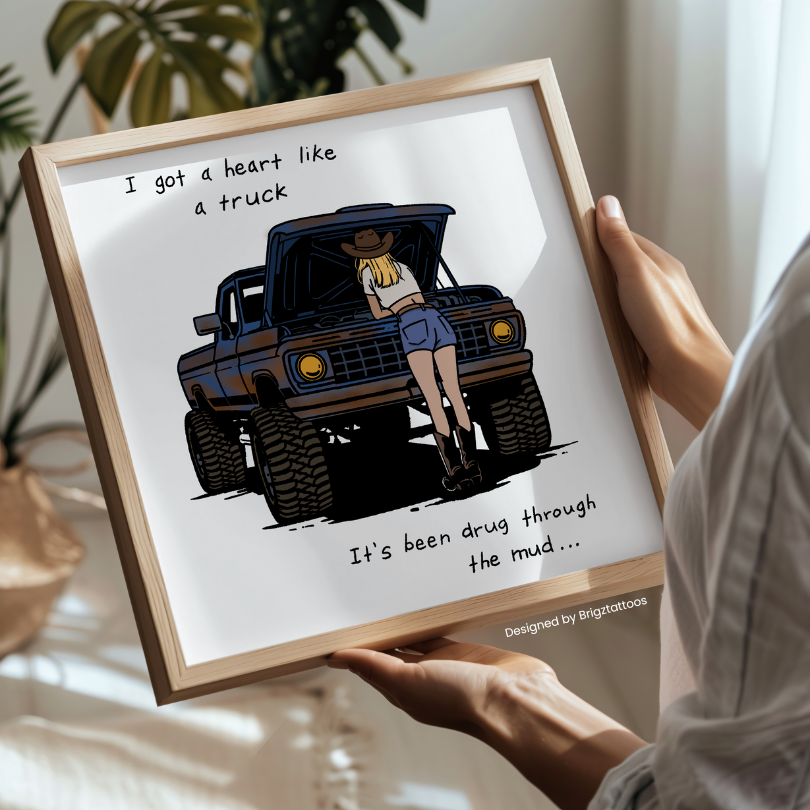 Heart Like A Truck, Lainey Wilson Inspired design Cowgirl working on truck Wooden Framed Print