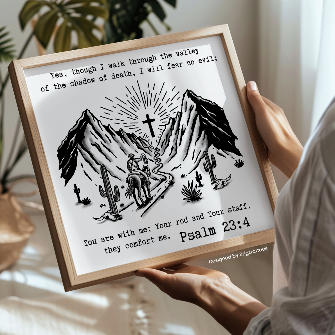 Valley of Death Cowboy, Psalm 23:4 Inspired Wooden Framed Print