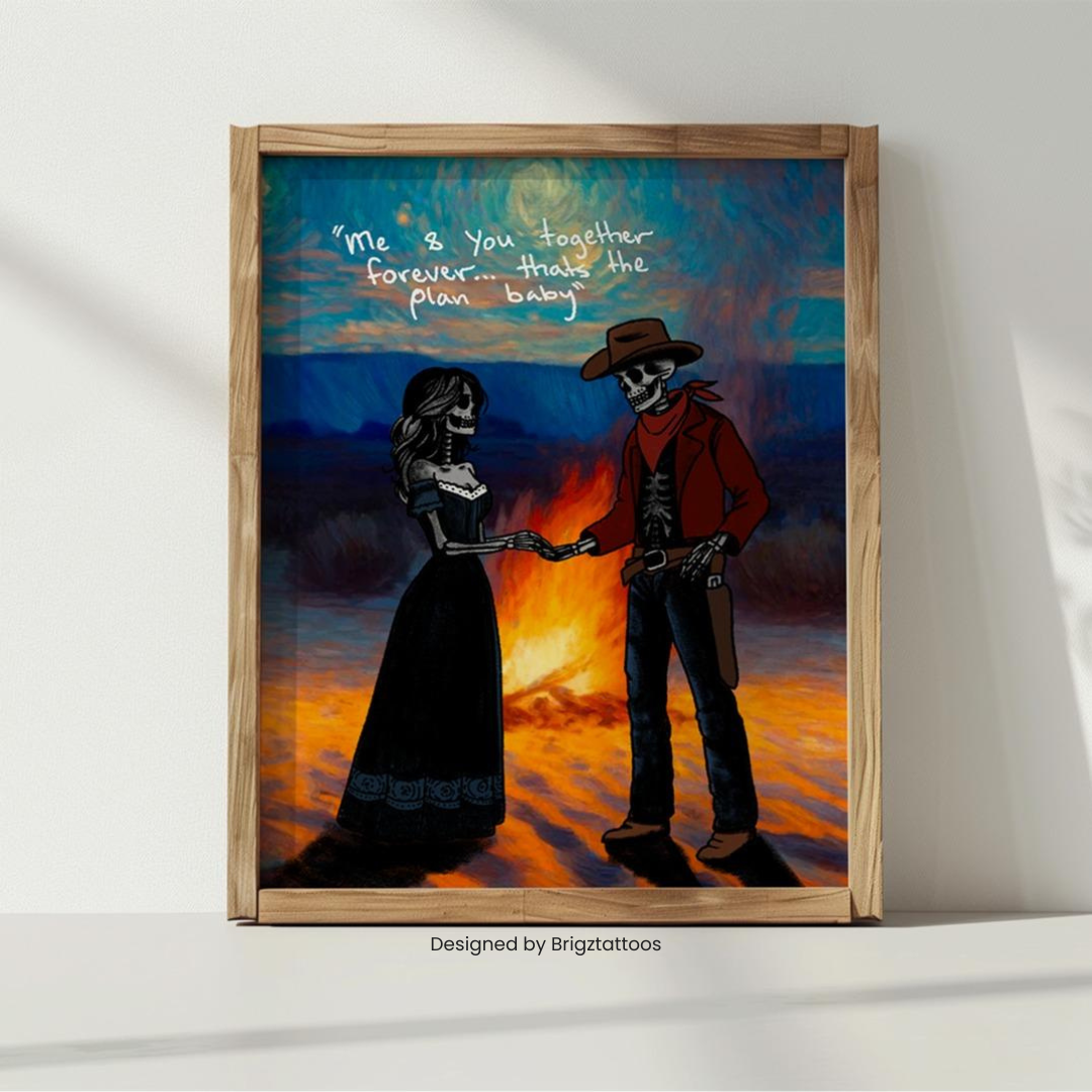 True Love Forever Skeleton Cowboy & Cowgirl Wooden Framed Print