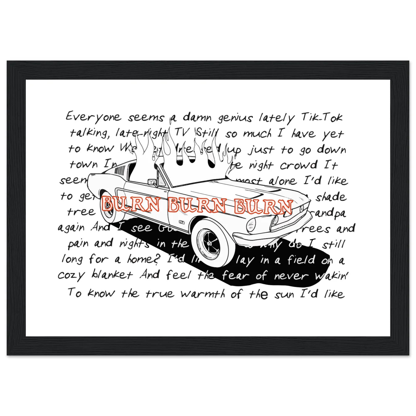 Zach Bryan Inspired 68 Fastback Burn Wooden Framed Graphic Print