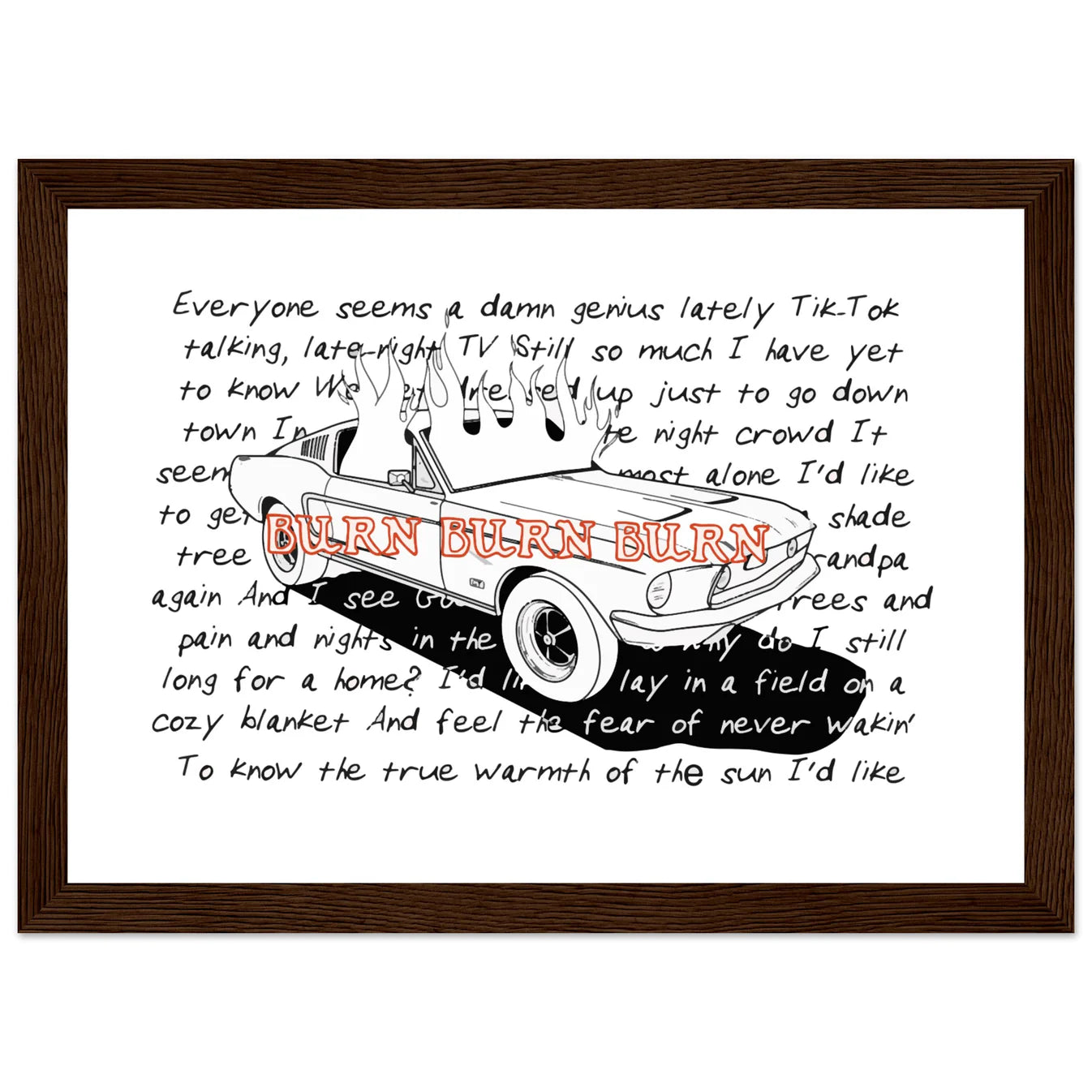 Zach Bryan Inspired 68 Fastback Burn Wooden Framed Graphic Print