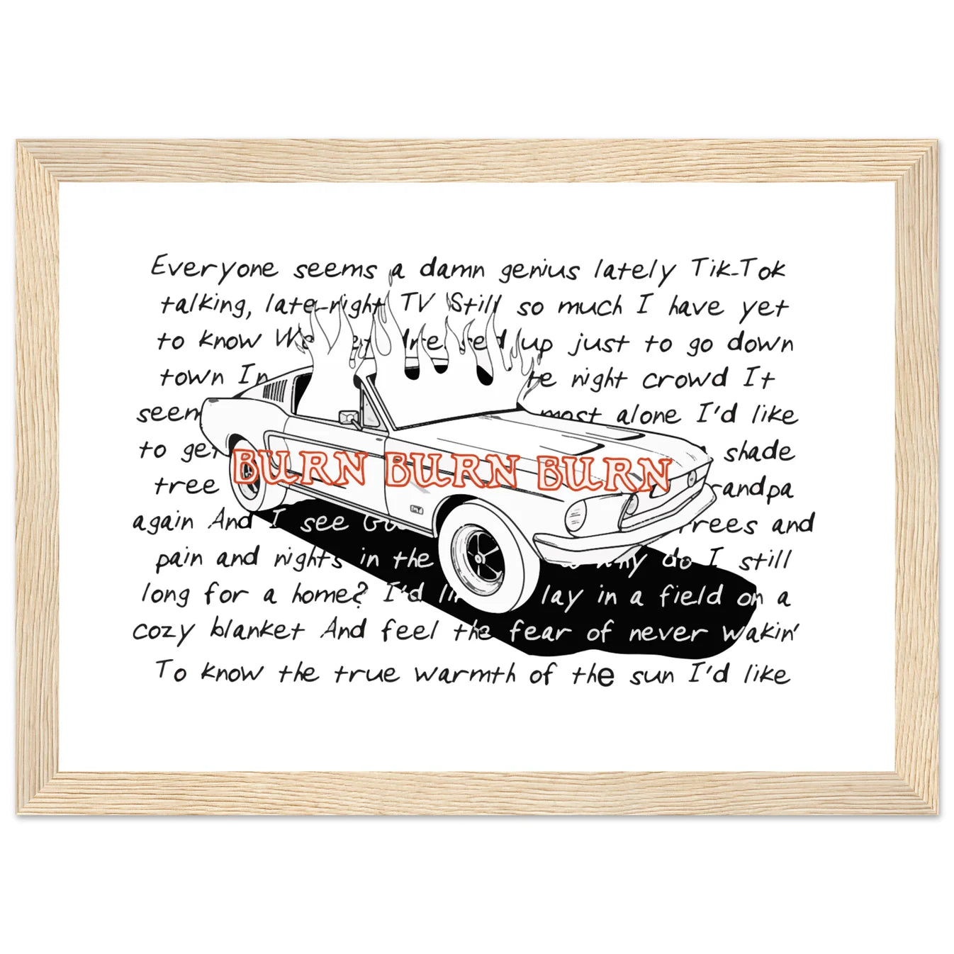 Zach Bryan Inspired 68 Fastback Burn Wooden Framed Graphic Print