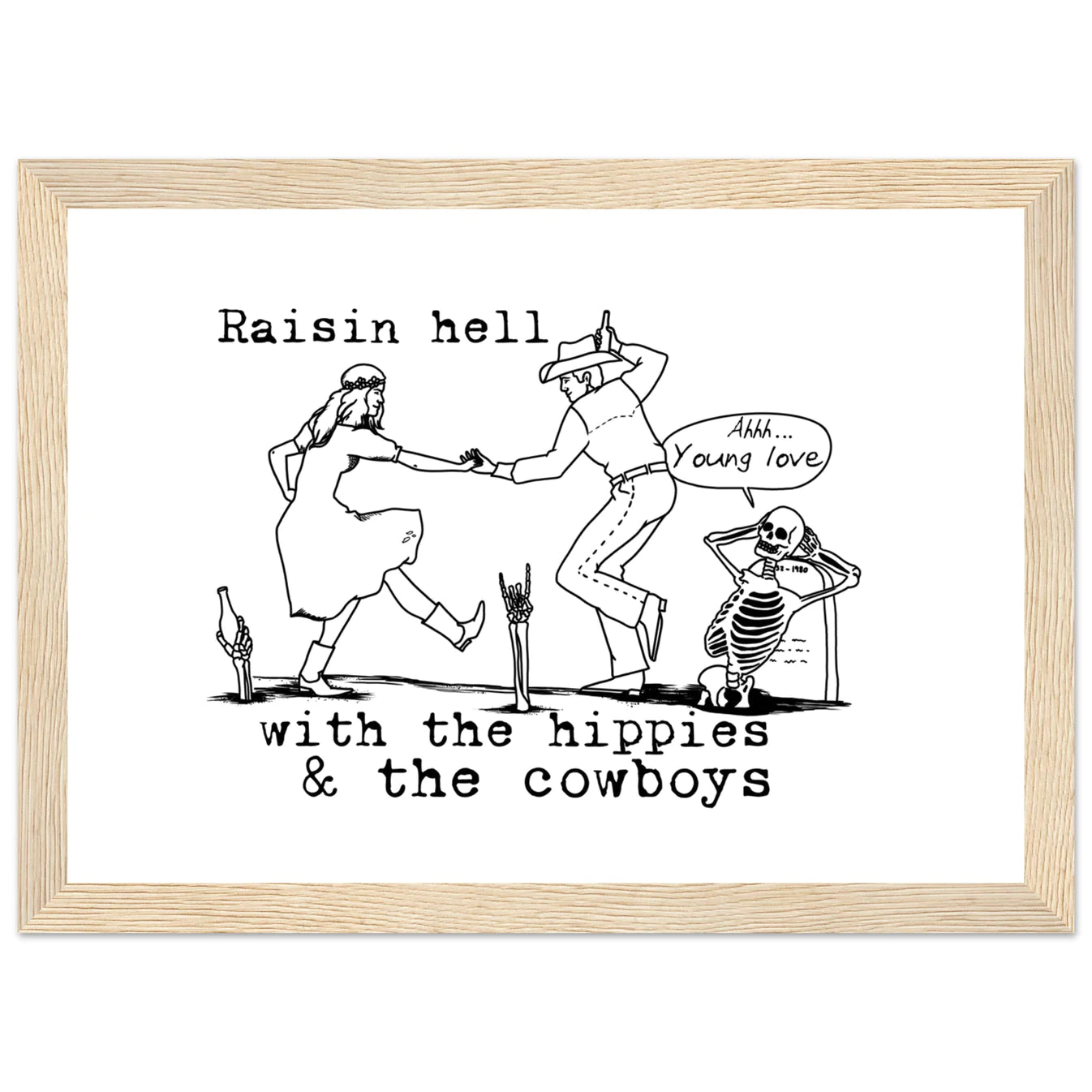 Hippies and Cowboy's Wooden Framed Graphic Print