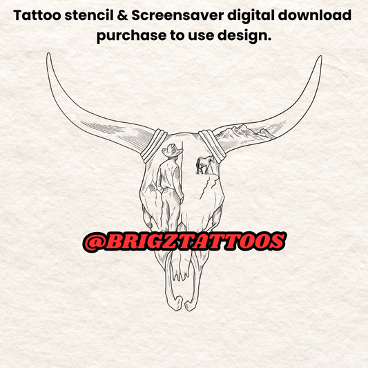 Zach Bryan Inspired Longhorn Skull Tattoo Stencil and Screensaver