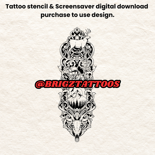 Bow Hunting Inspired Arm Sleeve Tattoo Stencil and Screensaver