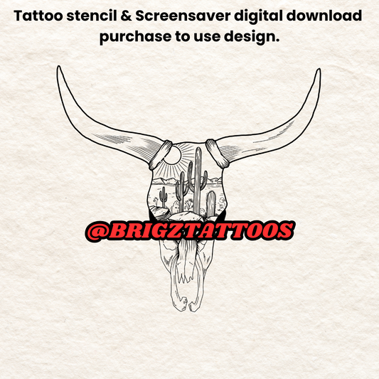 Desert Western Bull Skull longhorn Tattoo Stencil and Screensaver